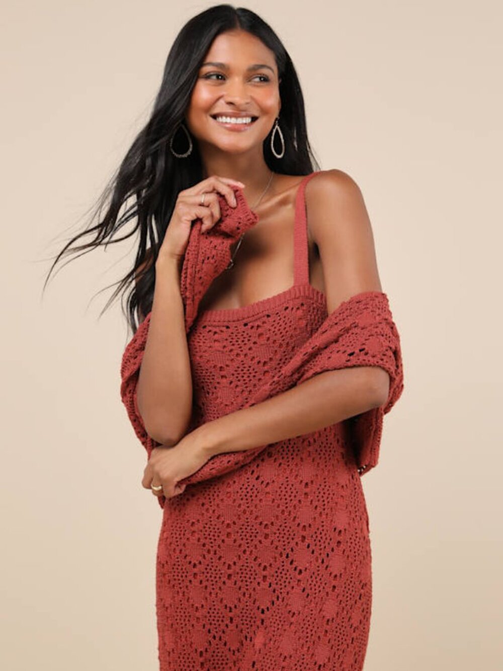 Lulus Doubled Up Cutie Rust Red Crochet Two-piece Sweater Midi Dress - Size XL